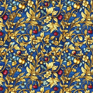 Könnte beinhalten: Nahtloses Muster mit tiefblauem Hintergrund. Goldfarbene Blätter und florale Motive sind mit roten Beeren und gelben Früchten verwoben. Das aufwendige Design erzeugt eine luxuriöse, Vintage-Ästhetik, ideal für Stoff oder Tapeten.