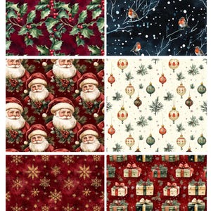 May include: A collection of six holiday-themed fabric patterns featuring holly leaves and red berries, robins on snowy branches, repeating Santa Claus faces, hanging Christmas ornaments, gold snowflakes on dark red, and wrapped gift boxes.