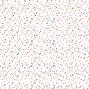 May include: A seamless pattern featuring tiny pink, blue, and orange flowers with green stems on a white background.