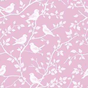 May include: A repeating pattern featuring white birds perched on branches with leaves against a soft pink background. The design has a delicate, airy feel, suitable for various applications like wallpaper or fabric.