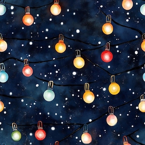 May include: A seamless pattern of colourful string lights against a dark blue watercolour background with white speckles. The lights are arranged in a diagonal pattern and are a mix of yellow, orange, red, blue, and green.