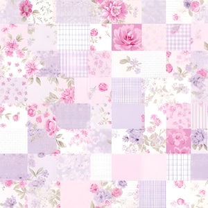 Könnte beinhalten: Ein Patchwork-Design mit Quadraten mit floralen Mustern in Rosa, Lavendel und Weiß. Die floralen Motive umfassen Rosen und andere Blumen, wobei einige Quadrate karierte oder gestreifte Hintergründe haben.