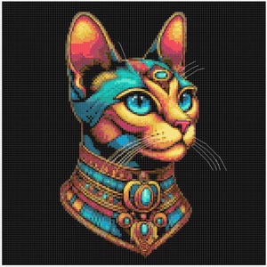 Pharoah Cat: Regal Feline Egypt Beautiful Colourful Cross Stitch Paper Printed Pattern Posted to You Black & White Symbols Full Thread List