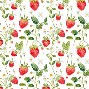 May include: A seamless pattern featuring watercolour illustrations of ripe red strawberries, green leaves, and delicate white flowers on a white background. The design includes various sizes of strawberries and floral elements.