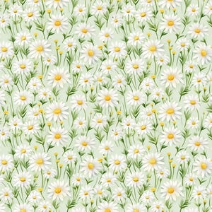 May include: A repeating pattern of white daisies with yellow centres and green stems and leaves on a pale green backdrop. The floral design creates a field of flowers across the entire image.