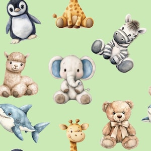 May include: A seamless pattern featuring various cute animal illustrations on a light green background. The animals include a penguin, giraffe, zebra, alpaca, elephant, shark, and teddy bear. The animals are all drawn in a cartoon style with watercolor-like textures.