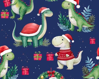 Christmas Dinosaurs! 100% Cotton Fabric NEW Festive Design Metres/Fat/Long/Quarters - Quilting Patchwork Crafting Love Fun Dinos Santa Hats
