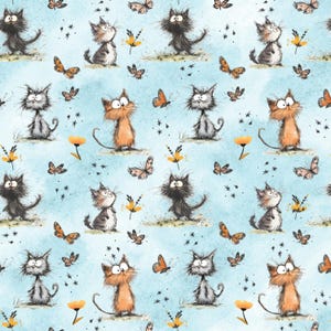 May include: A repeating pattern of cartoon cats in black, grey, and orange, with butterflies and yellow flowers on a light blue background. The cats have expressive faces and are in various poses, creating a whimsical design.