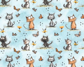 Des chats et des papillons bleus ! Tissu 100 % coton NOUVEAU design chaton mètres/gras/long/quarts matelassage Patchwork artisanat coudre animal de compagnie amusant dessin animé