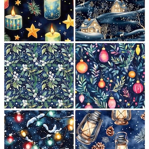 Pode incluir: Uma colagem de seis padrões de tecido com temas festivos, incluindo velas acesas com estrelas, uma paisagem nevada com cabanas, bagas de visco brancas, ornamentos de Natal coloridos, luzes brilhantes e lanternas vintage com pinhas.