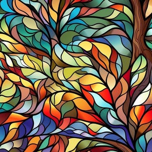 May include: A colorful stained-glass design featuring a tree with vibrant leaves. The artwork showcases a spectrum of colors, including red, orange, yellow, green, and blue, all outlined in black. The tree trunk is a warm brown.