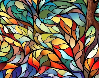 Stained Glass Trees! 100% Cotton Fabric NEW Forest Woods Mosaic Design Metre/Fat/Long/Quarters Quilting Patchwork Crafting Sew Leaves Garden