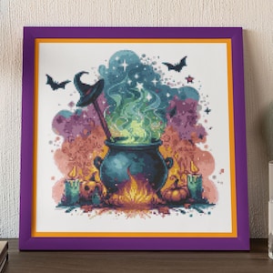 May include: A black cauldron with green smoke rising from it, surrounded by a colorful, starry background. There are two bats, a witch's hat, and candles around the cauldron.