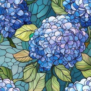 May include: A digital illustration of blue hydrangea flowers with green leaves. The flowers are in full bloom, with a stained-glass effect. The background is a mosaic of teal and blue shapes.