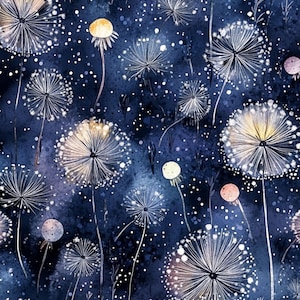 May include: A watercolour illustration featuring dandelions on a dark blue backdrop with white speckles. The dandelions have delicate white seed heads and yellow or pinkish-tan centres. The image has a dreamy, ethereal quality.