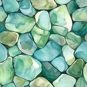 May include: Abstract watercolour painting of smooth, rounded stones in shades of green and blue. The stones are arranged in a close-up, overlapping pattern.