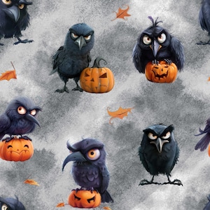 Peut inclure: Motif d'Halloween avec des corbeaux de dessin animé aux expressions fâchées. Les corbeaux noirs et gris sont perchés sur des citrouilles orange sculptées. Des feuilles orange éparses complètent l'ambiance effrayante sur fond gris.
