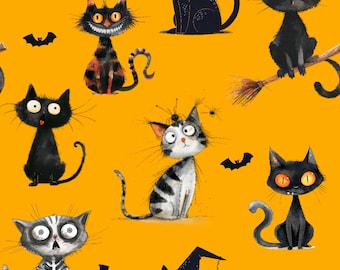 Des chats d'Halloween orange ! 100 % coton tissu nouveau design d'halloween mètres/gras/long/quarts matelassage patchwork artisanat couture costume effrayant