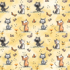 Könnte beinhalten: Ein sich wiederholendes Muster mit Cartoon-Katzen in verschiedenen Farben, darunter Schwarz, Grau und Orange, durchsetzt mit Schmetterlingen und kleinen gelben Blumen auf gelbem Hintergrund. Die Katzen haben ausdrucksstarke Gesichter und befinden sich in einer grasbewachsenen Umgebung.