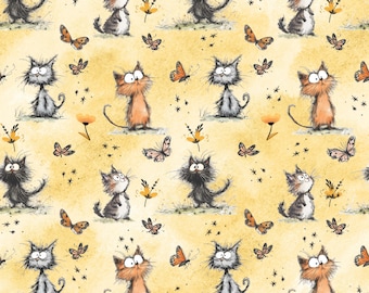 Des chats et des papillons en jaune ! Tissu 100 % coton NOUVEAU design chaton mètres/gras/long/quarts matelassage Patchwork artisanat coudre animal de compagnie amusant dessin animé