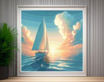 Naviguer vers le coucher du soleil - Beau modèle de point de croix Fichiers PDF Symboles/Couleurs/Mélangé avec la liste complète des fils de pêche Nature apaisante Nautisme Scénique