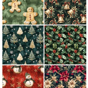 May include: A collection of six holiday-themed fabric patterns featuring gingerbread men on green, gold bells with red ribbons, Christmas trees on dark green, holly leaves with red berries, snowmen on red, and red and white poinsettia flowers.