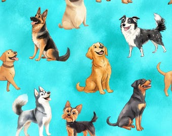 Aboiement Buddies on Blue Tissu 100 % coton NOUVEL animal Design mignon Mètres/Gs/Long/Quilters Quilting Patchwork Fabrication Couture Chien Toutou animal de compagnie
