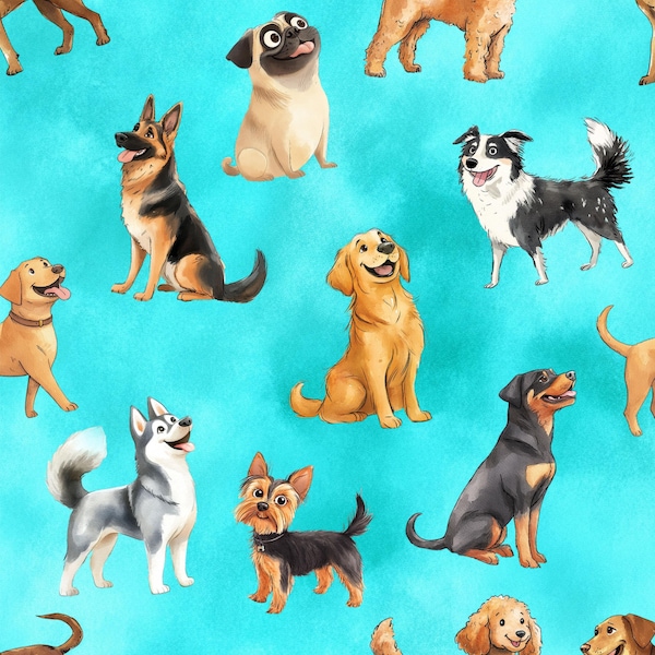 Barking Buddies on Blue 100% Cotton Fabric NEW Animal Cute Design Metres/Fat/Long/Quarters Quilting Patchwork Crafting Sewing Dog Doggie Pet
