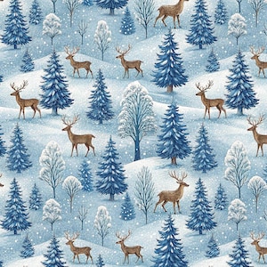 Könnte beinhalten: Ein sich wiederholendes Muster mit einer Winterwaldszene. Braune Hirsche mit Geweihen sind zwischen blauen Nadelbäumen und weißen, laublosen Bäumen auf einem schneebedeckten, hellblauen Hintergrund verstreut. Das Design hat ein winterliches Feierthema.
