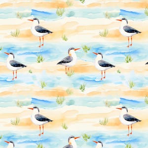 May include: A watercolour pattern showing seabirds with black and grey wings, orange beaks and legs, set against a backdrop of sandy beaches, blue water, and green grass. The design repeats across the image, creating a seamless pattern.