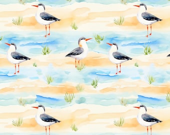 May include: Watercolor pattern featuring seabirds with black and gray wings, orange beaks and legs, set against a backdrop of sandy beaches, blue water, and green grass. The design repeats across the image, creating a seamless pattern.
