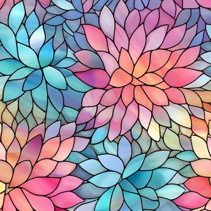 Peut inclure: Un motif sans couture présentant des motifs floraux stylisés. Les fleurs sont composées de nombreux segments en forme de pétales, chacun avec un dégradé de couleurs comprenant du rose, du bleu et de l'orange, soulignés en noir. L'effet général rappelle le vitrail.
