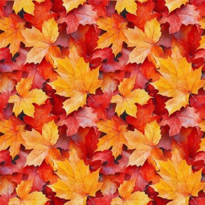 May include: A repeating pattern of autumnal maple leaves in red, orange, and yellow hues. The leaves overlap, forming a textured and colourful design, ideal for autumn-themed projects.