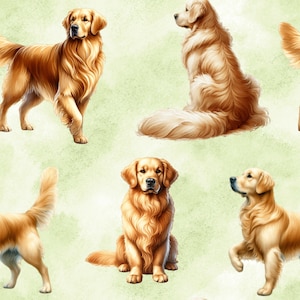 May include: A repeating pattern featuring illustrations of Golden Retrievers in various poses. The dogs are depicted with their characteristic golden fur, set against a light green, textured background. The illustrations showcase the dogs standing, sitting, and looking in different directions.