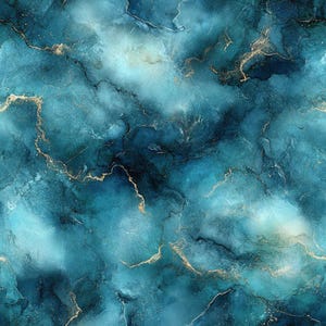 May include: Abstract background with a marbled effect. The design features shades of teal and blue with gold veining throughout. The overall effect is reminiscent of natural stone or watercolor art, creating a luxurious and artistic aesthetic.