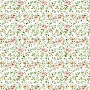 May include: A seamless pattern featuring a delicate floral design. The pattern showcases pink roses and small yellow flowers, interspersed with green leaves and stems, all set against a white background. The overall aesthetic is soft and romantic.
