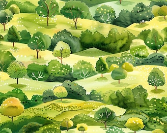 Green Pastures! 100% Cotton Fabric NEW Design Metres/Fat/Long/Quarters Quilting Patchwork Crafting Sew Summer Countryside Rural Fields Trees
