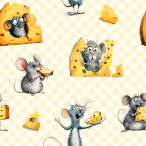 Può includere: Un motivo ripetuto con topi dei cartoni animati che interagiscono con grandi pezzi di formaggio svizzero. I topi sono raffigurati in varie pose, alcuni mangiano formaggio, altri sbucano dai buchi, il tutto su uno sfondo a scacchi giallo e bianco.