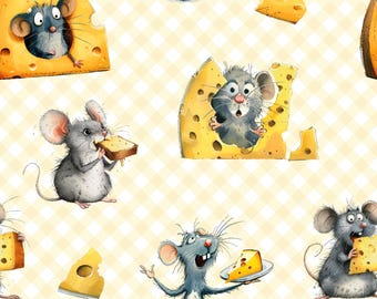 Tela 100% algodón de The Cheesemongers, NUEVO diseño de ratón, metros/grasa/largo/cuartos - Acolchado, patchwork, manualidades, costura, queso, lindo dibujo animado
