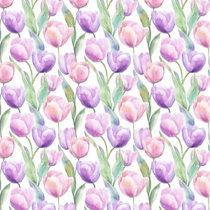 May include: A repeating watercolour pattern of pink and purple tulips with green leaves on a white backdrop. The flowers are arranged in a seamless design. This floral pattern is suitable for various applications and designs.