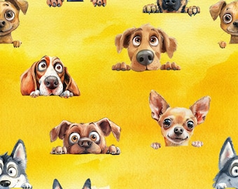 Glurende pups op geel 100% katoen NIEUW dier schattig ontwerp Meter/vet/lang/kwarten Quilten Patchwork Knutselen Naaien Honden hondje