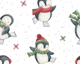 ¡Pingüinos patinando sobre hielo! Tela 100 % algodón, nuevo diseño festivo, metros/anchos/largos/cuartos - Acolchado, patchwork, manualidades, costura, invierno, animales adorables