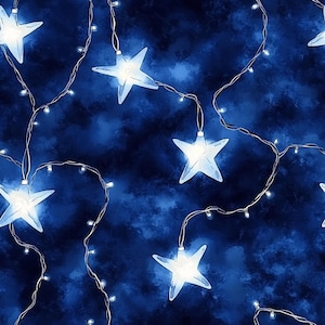 以下が含まれることがあります： 濃い青色の水彩画の背景に、星型の電球が付いた白い電飾のストリング