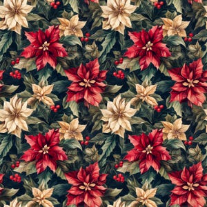 May include: A seamless pattern featuring red poinsettia flowers and cream-coloured flowers with green leaves on a dark background.