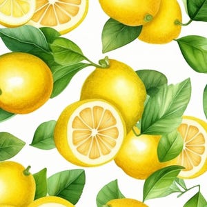 Könnte beinhalten: Aquarell-Illustration von Zitronen und grünen Blättern auf weißem Hintergrund. Das Bild zeigt ganze Zitronen, Zitronenhälften und Scheiben, wodurch ein lebendiges und frisches Muster entsteht. Die Zitronen sind leuchtend gelb und die Blätter tiefgrün.