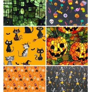 May include: A collection of six fabric patterns featuring Halloween themes: a green haunted house, colourful candy and skulls on black, black cats on orange, stained glass pumpkins, orange graveyard motifs, and dancing skeletons on a black background.
