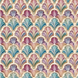 Art Deco-snäckor! 100 % bomullstyg NYTT Kammusslor Mönster Pastellinspirerad design Meter/Tjock/Lång/Kvartslängd Quiltning Lapptäcke Sömnad Klädsömnad