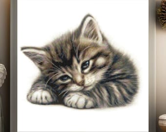 Chat tigré fatigué - beau chaton PDF au point de croix Fichiers PDF téléchargeables Symboles/Couleurs/Mélangé avec la liste complète des fils