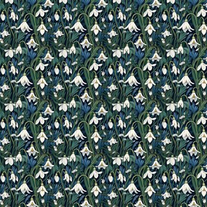 May include: A repeating pattern featuring white snowdrop flowers with yellow centres and green stems and leaves. The background is a dark blue, creating a high-contrast floral design. The flowers are evenly spaced, creating a dense, textured appearance.