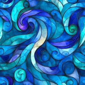 Stained Glass Waves! 100% Cotton Fabric NEW Blue Ocean Sea Design: Metres/Fat/Long/Quarters Quilting Patchwork Crafting Sewing Dressmaking
